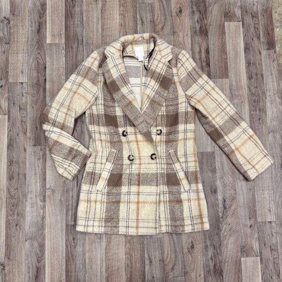 H&M Neutral tan plaid pea coat - Picture 2 of 6
